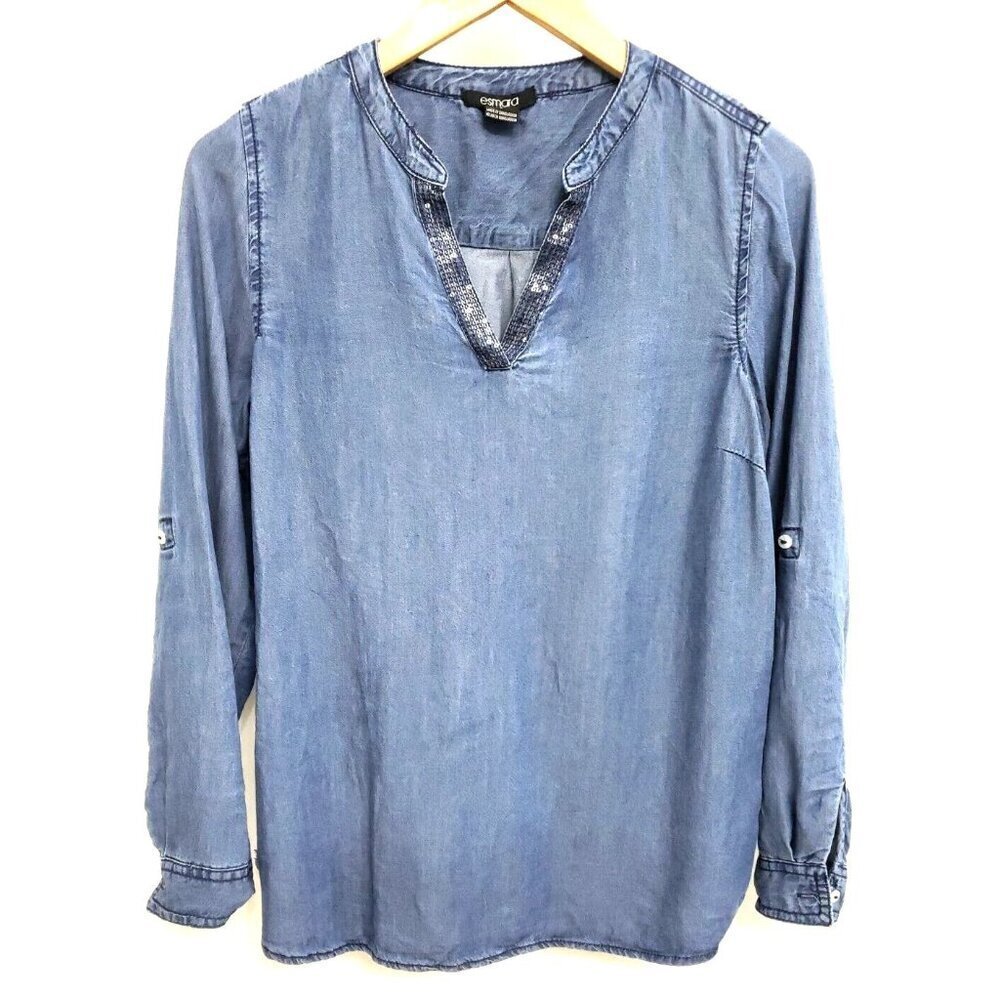 Esmara by Heidi Klum Denim Roll Tab Sleeve Rhinestone Trim Pullover Top Sz 6